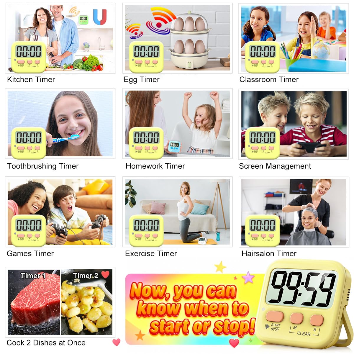 Antonki 2 Pack Digital Timer for Kids, Magnetic Countdown Kitchen Timers for Cooking, Egg, Classroom, Teacher, Exercise, Study, Oven - Battery Included