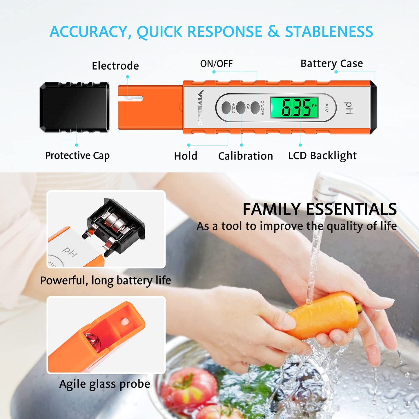VIVOSUN PH Meter Digital PH Tester Pen 0.01 High Accuracy Water Quality Tester with 0-14 PH Measurement Range for Household Drinking, Pool and Aquarium, with ATC, Army Green