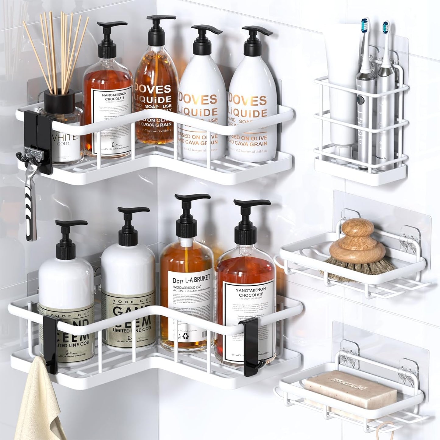 YASONIC Corner Shower Caddy - 5-Pack Rustproof Stainless Steel Organizer with Soap Holder | No-Drill, White