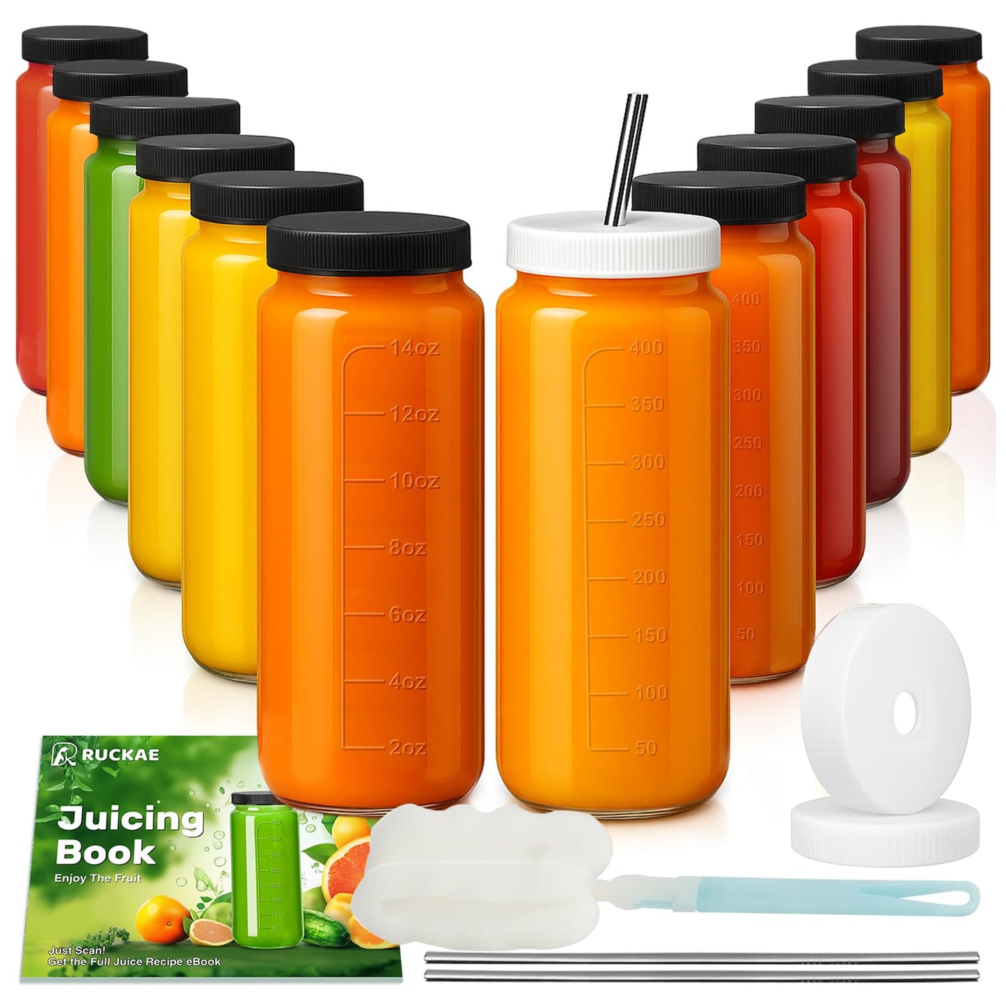 Ruckae 16oz 12 Pack Juice Bottles, Glass Bottles Juicing with Lids, Smoothie Cup Lids and Straws, Water Bottle Mason Jar Drinking Glasses for Juicing, Smoothies, Kombucha