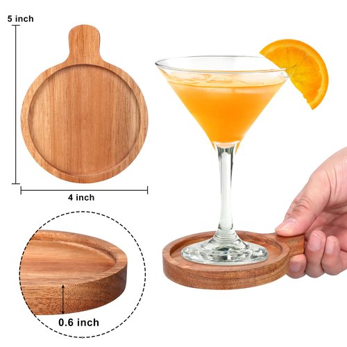 Best Wooden Handle Coasters Set of 4 with Holder Coffee Table Decor Acacia Wood Coaster for Living Room Modern Cup Coaster for Drink Home Kitchen Dining Accessories Bar Farmhouse Outdoor Decorative