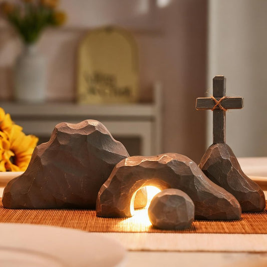 Empty Tomb Easter Decor with Cross, Easter Empty Tomb Resurrection Scene for Christian Decoration, Realistic Rock Resin Sculpture for Religious Display, Home Office Tabletop Tray, Church, Shelf Decor