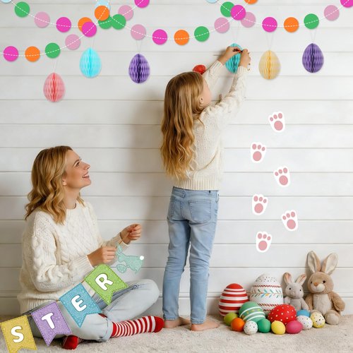 AhfuLife Easter Decorations Set, Happy Easter Bunny Paper Banner, Easter Egg Hunt Signs Clues with Sticks and Bunny Feet, Reusable Bunting for Home Garden Indoor Outdoor Party Game Decorations