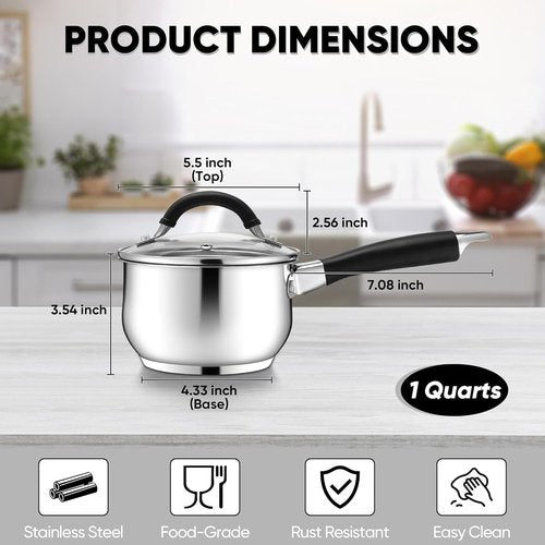 E-far 1 Quart Stainless Steel Sauce Pan - Tri-Ply Base, Stay-Cool Handle, Dishwasher Safe