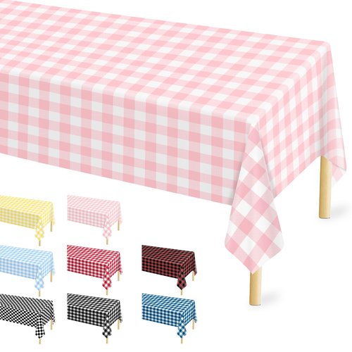 12 Pcs Pink Gingham Tablecloth 54 × 108 Inches Pink and White Checkered Table Cloth Disposable Plastic Waterproof Tablecover for Outdoor Picnic, Birthday Party, Holiday Dinner