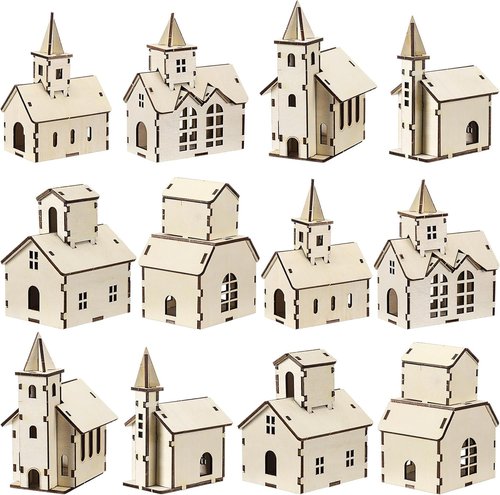 Hiboom 24 Pcs DIY Christmas Village Set - Rustic Wooden Church & Mini Houses for Holiday Decor