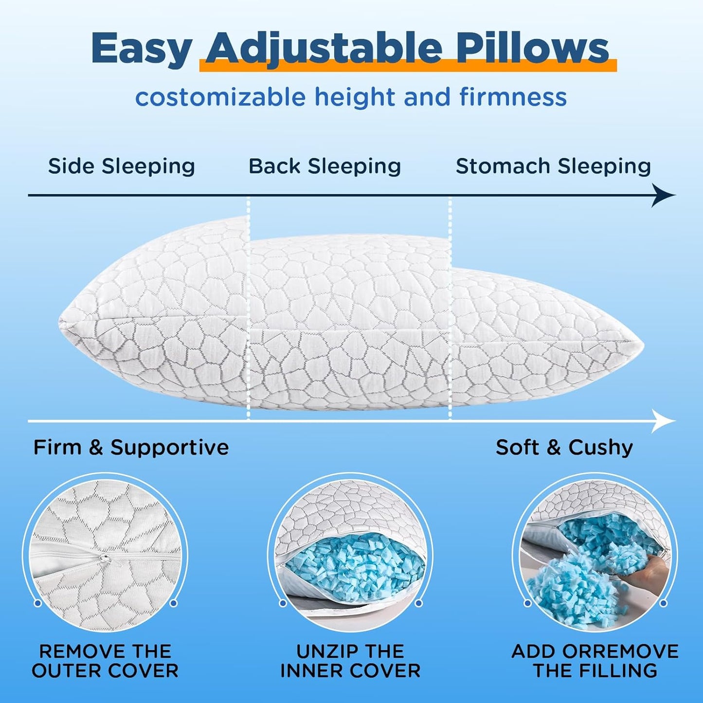 Skiennix Cooling Pillow Set - Adjustable Shredded Memory Foam | Queen Size 2-Pack for All Sleepers