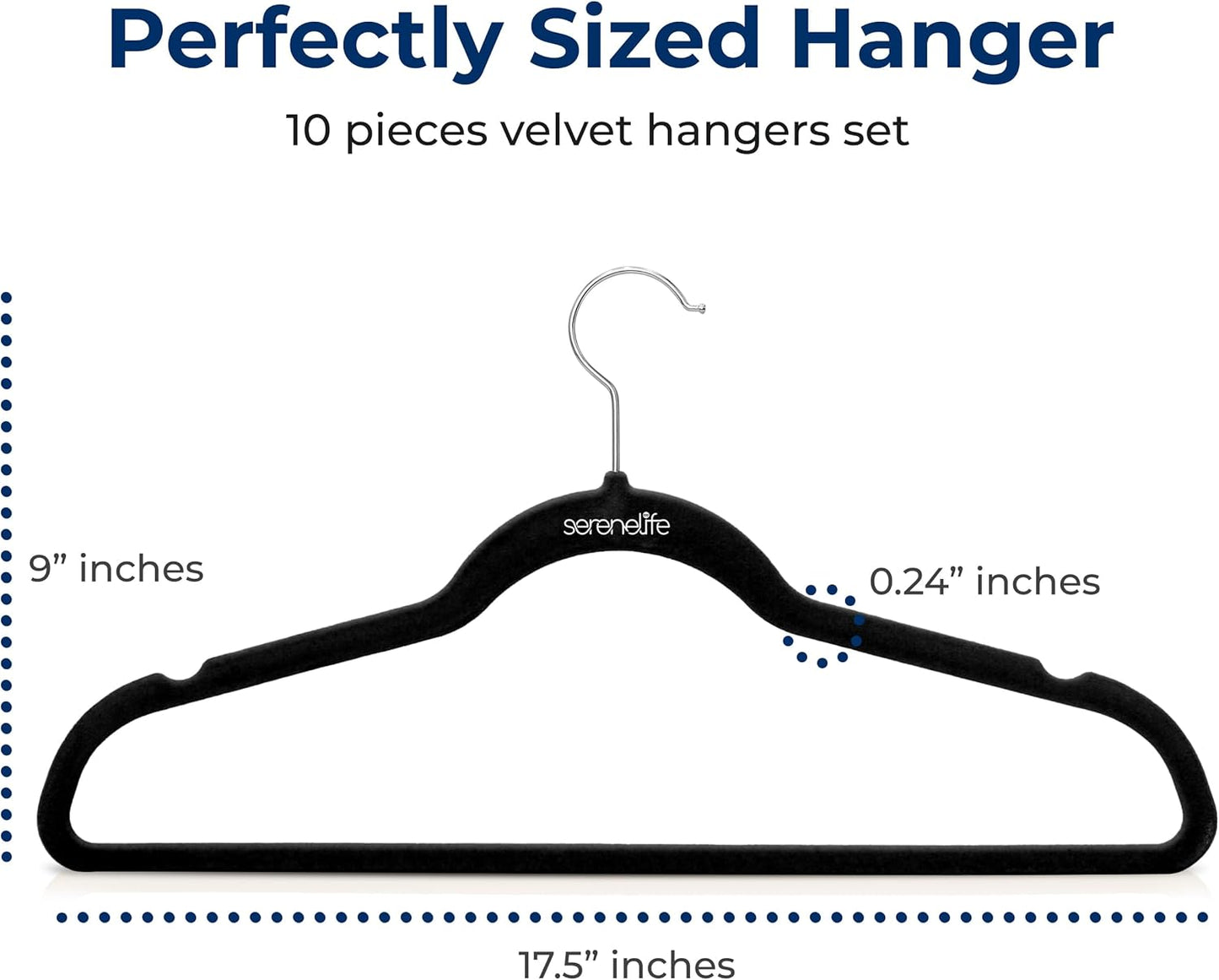SereneLife Velvet Hangers - Non-Slip Heavy Duty Coat Hangers with 360° Swivel Hook | 10 Pack (Black)