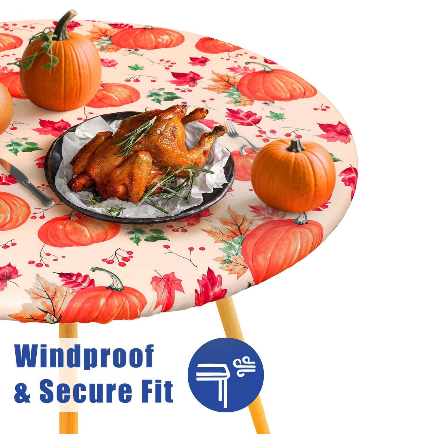 Moosfor Round Spandex Thanksgiving Tablecloth, Elastic Fitted Waterproof Tablecloths for 45"-56" Tables, Stretch Washable Picnic Table Cover for Autumn Harvest Parties, Pumpkin Leaf