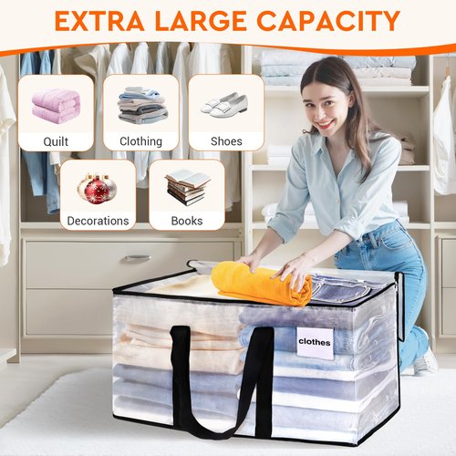HomeHacks Clear Moving Bags Heavy Duty 4 Pack, Storage Bags with Zipper, Extra Reinforced Handles & Waterproof Packing Boxes for Moving, Camping, Home Organization 93L/24Gal (28.7"x14.2"x14")