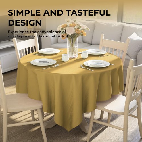 JHDZDHY 10 Pack Premium Disposable Plastic Tablecloth 84" Round Table Cover for Birthdays Weddings Christmas Anniversary Buffet Table (Gold)
