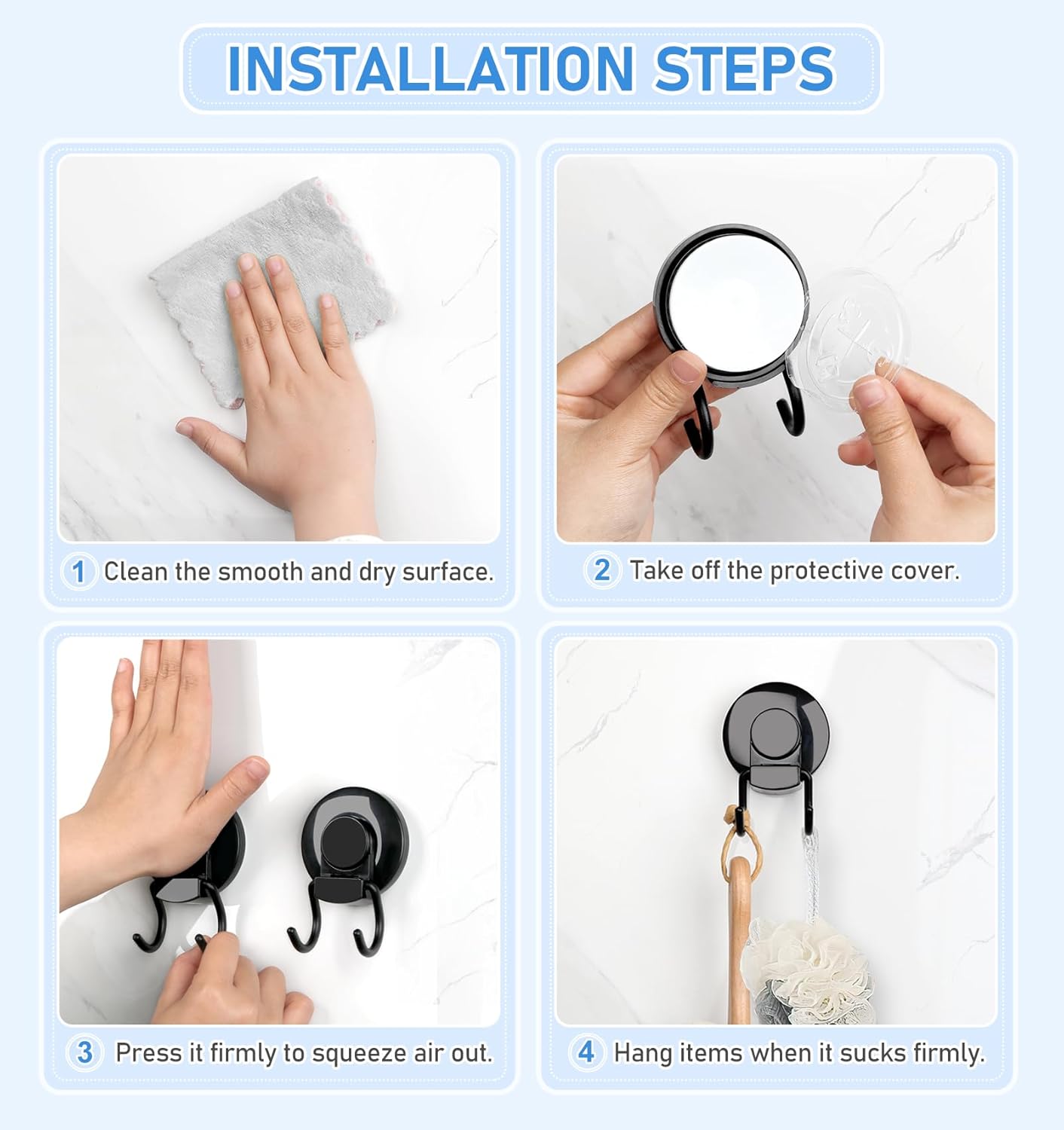VIS'V Heavy Duty Shower Suction Cup Hooks - Removable & Reusable Double Hooks, Black | 2 Pack