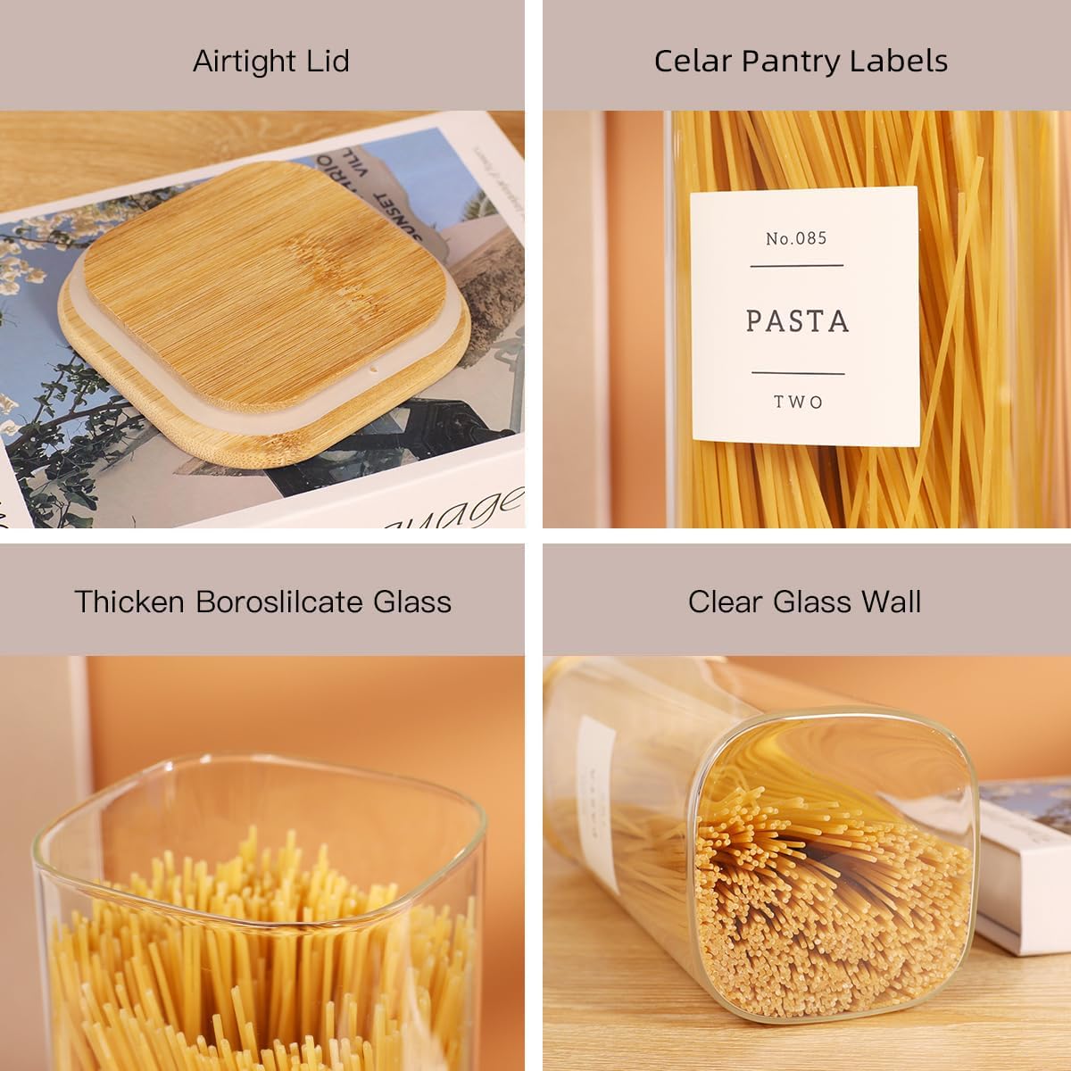 Square Glass Pantry Storage Containers by [Brand Name] - 5 Pack with Airtight Bamboo Lids & 132 Labels | Ideal for Pasta, Cereal, Coffee, Flour, Sugar