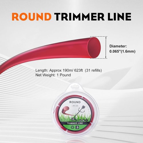 Hipa String Trimmer Line - 1 Pound 636-Foot Heavy Duty 1.6mm Round Wire for Universal Electric Trimmers | Red