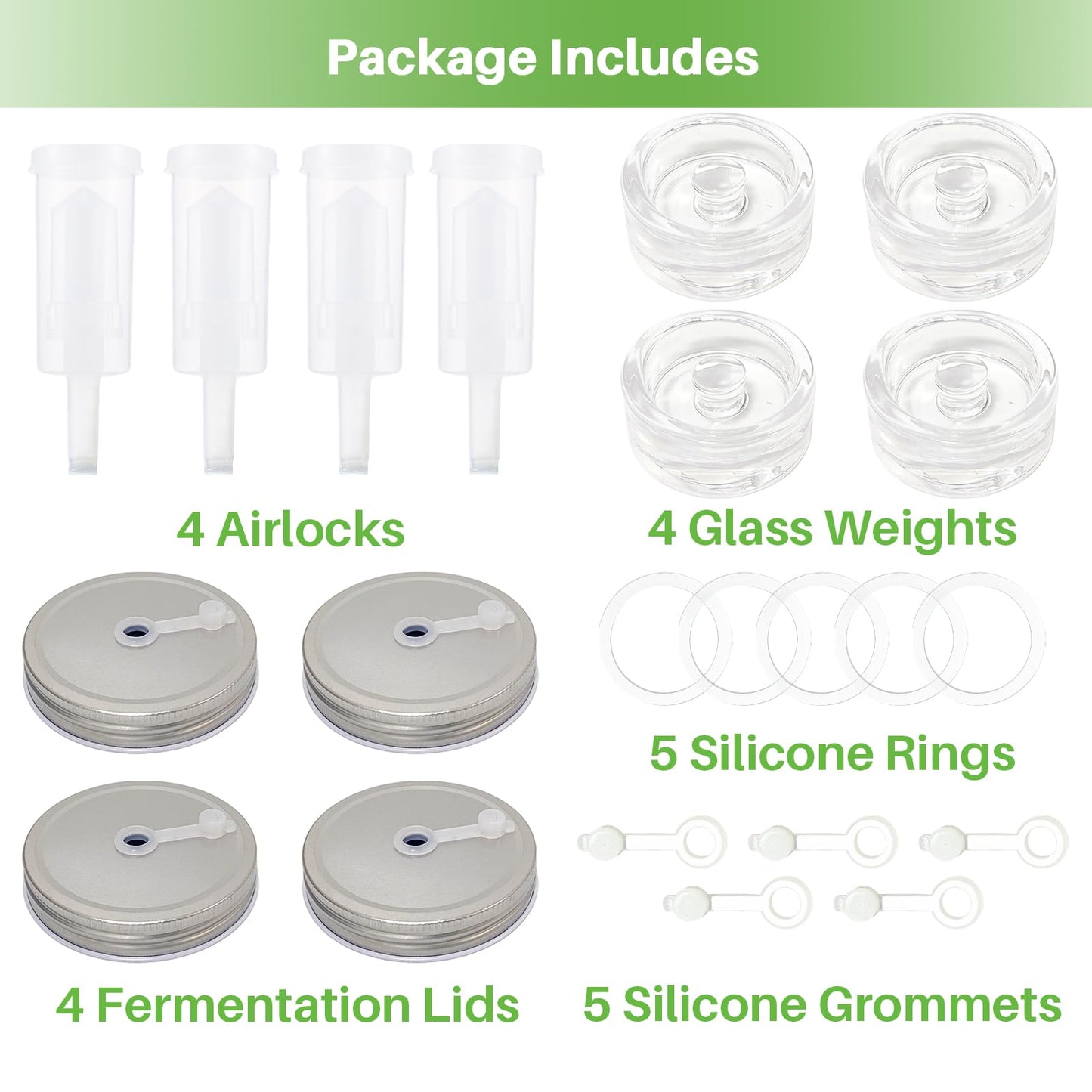 Fermentation Kit for Wide Mouth Mason Jars,Fermentation Kit with 4 Glass Fermentation Weights,4 Fermenting Lids,4 airlocks,5 Silicone Rings,5 Silicone Grommet for Pickling, Canning and Sauce(No Jars)
