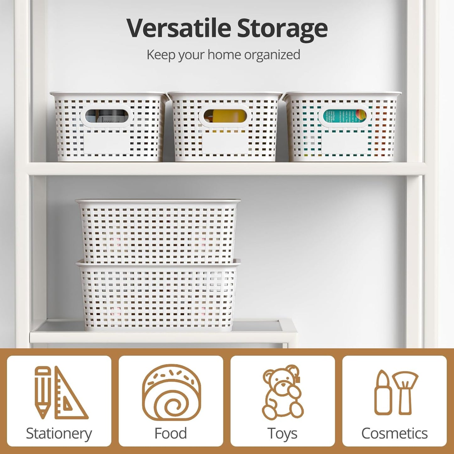 Skiennix Plastic Storage Basket - Stackable Organizing Bins with Lid | 8 Pack, 10.2x7.2x4.1 Inch, White