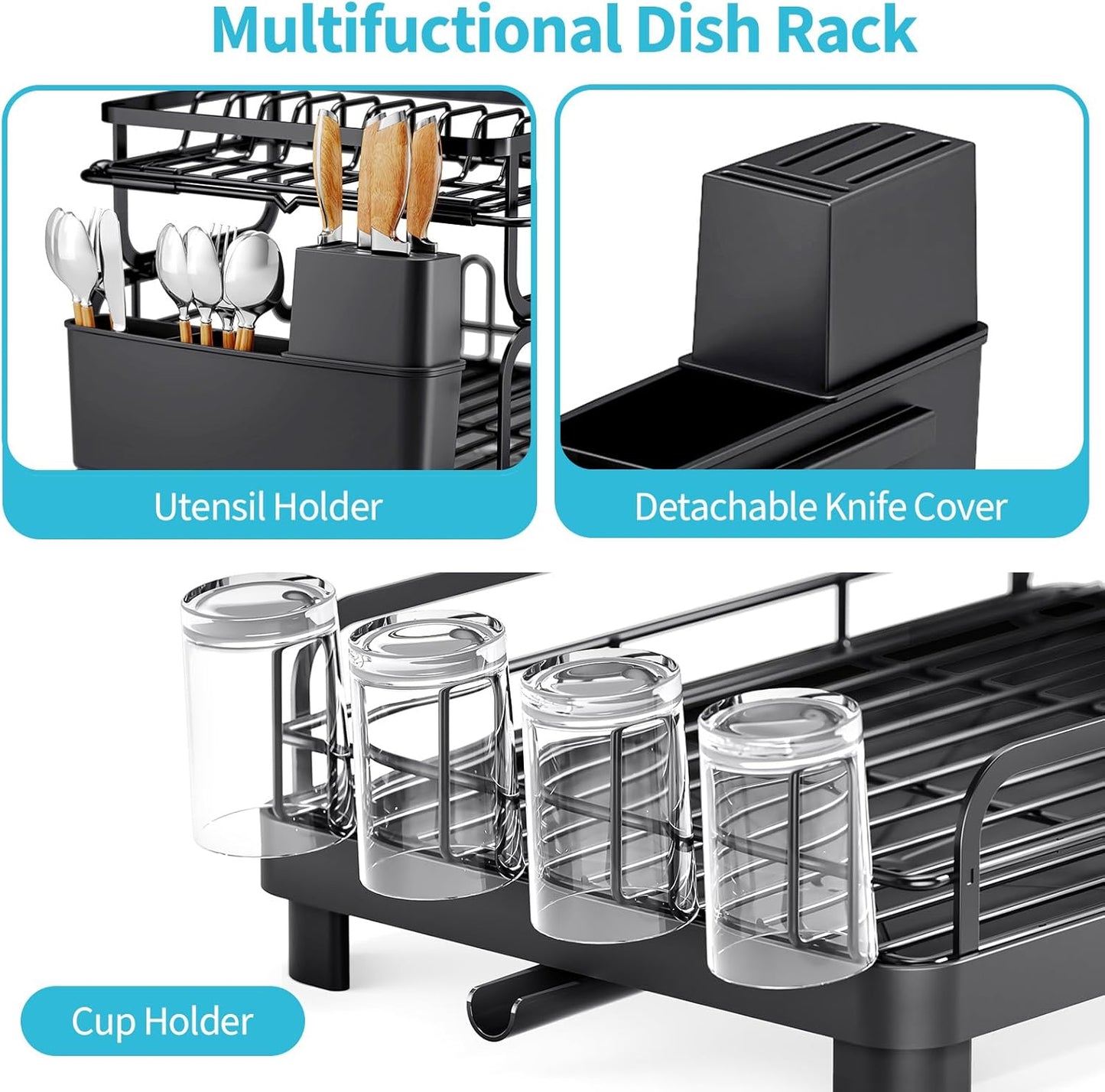 TOOLF Dish Drying Rack - 2-Tier Stainless Steel Kitchen Rack with Large Drainboard & Utensil Holders | Black