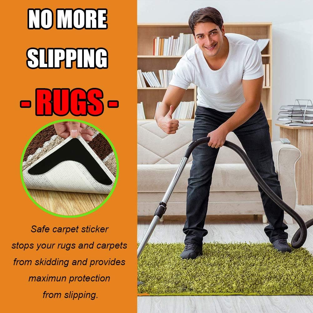 Skiennix Rug Grippers - Super Sticky Anti-Curling Carpet Tape | Non-Slip 8-Pack (Black)