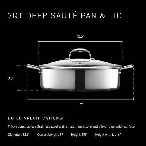 HexClad Hybrid Nonstick 7-Quart Sauté Pan - Tempered Glass Lid, Stay-Cool Handles, Oven-Safe to 900°F