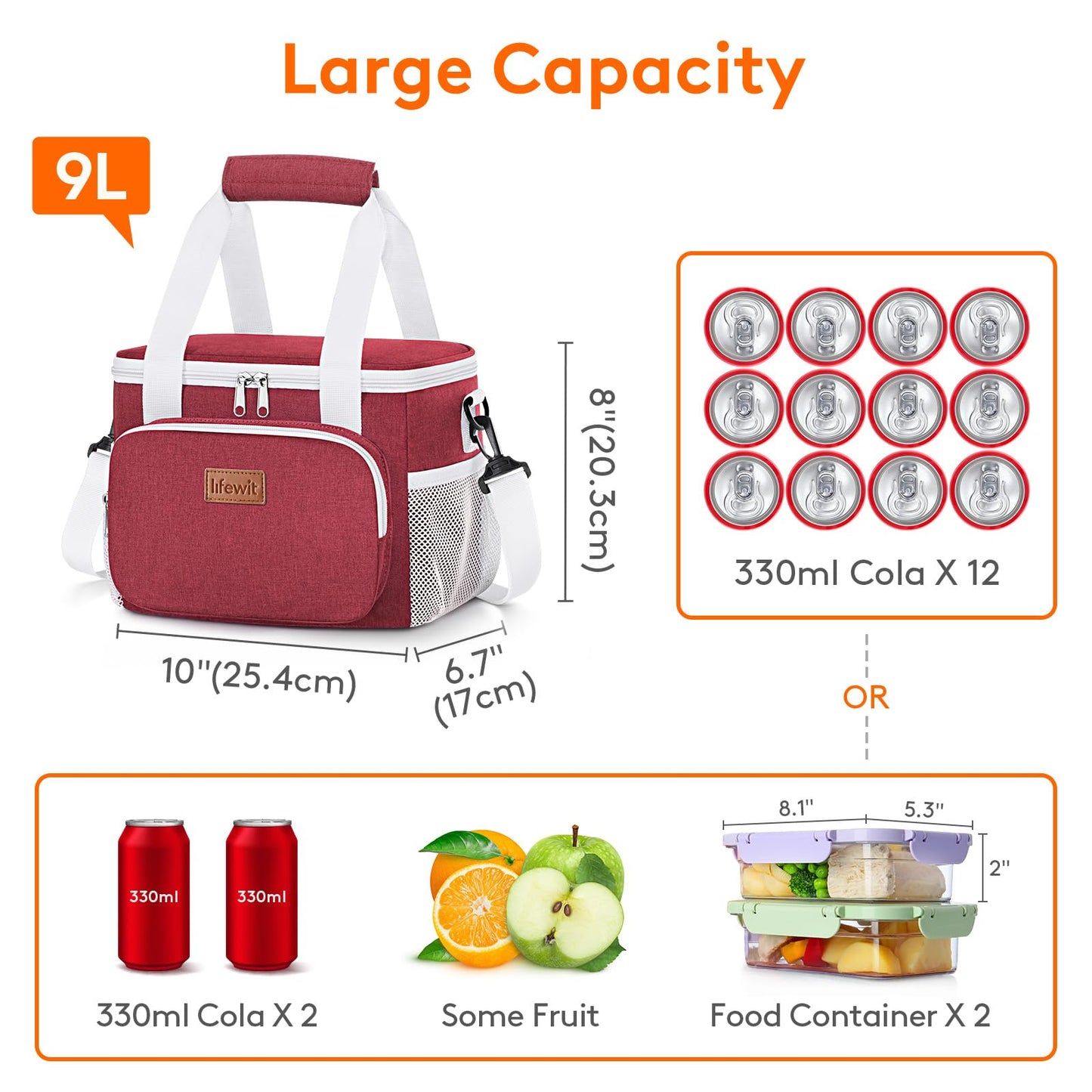 Lifewit Medium Lunch Bag, Insulated Lunch Box, Soft Cooler Cooling Tote for Adult Men Women, White and Red12-Can (9L)
