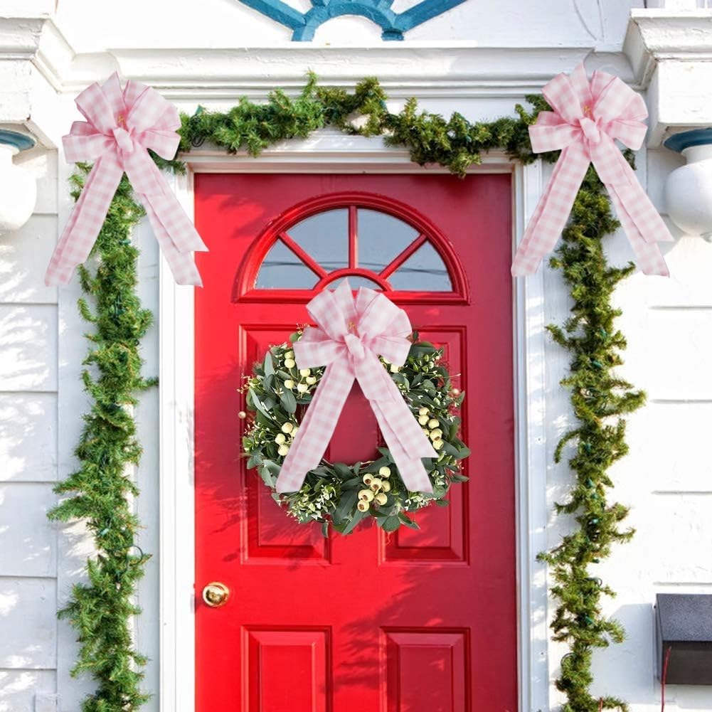 Meseey Large Burlap Bow - Pink and White Plaid Wreath Decoration | 20 x 10 Inch for Gifts & Home Decor
