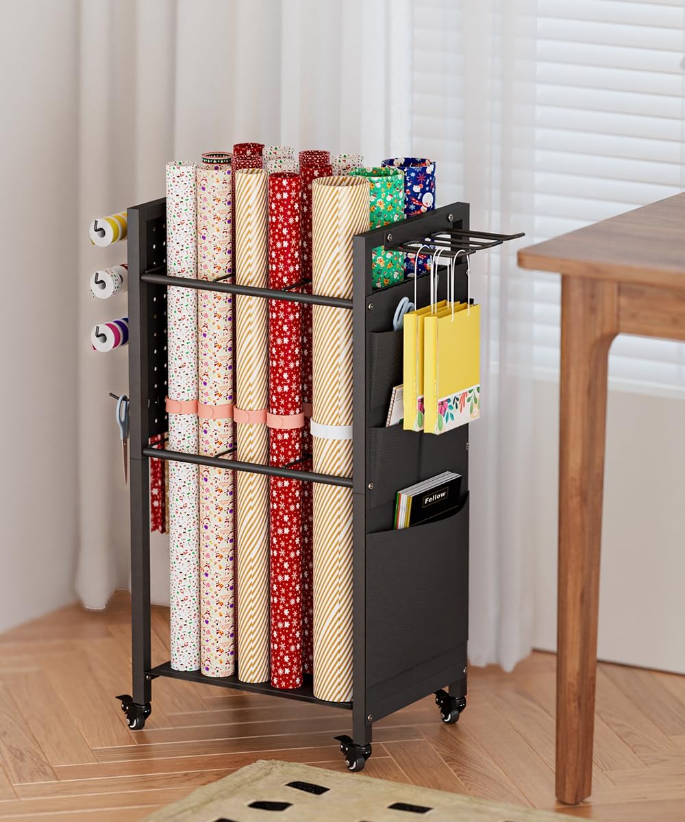 Skiennix Wrapping Paper Storage Organizer - Rolling Gift Wrap Station with Wheels & Ribbon Holder | Black