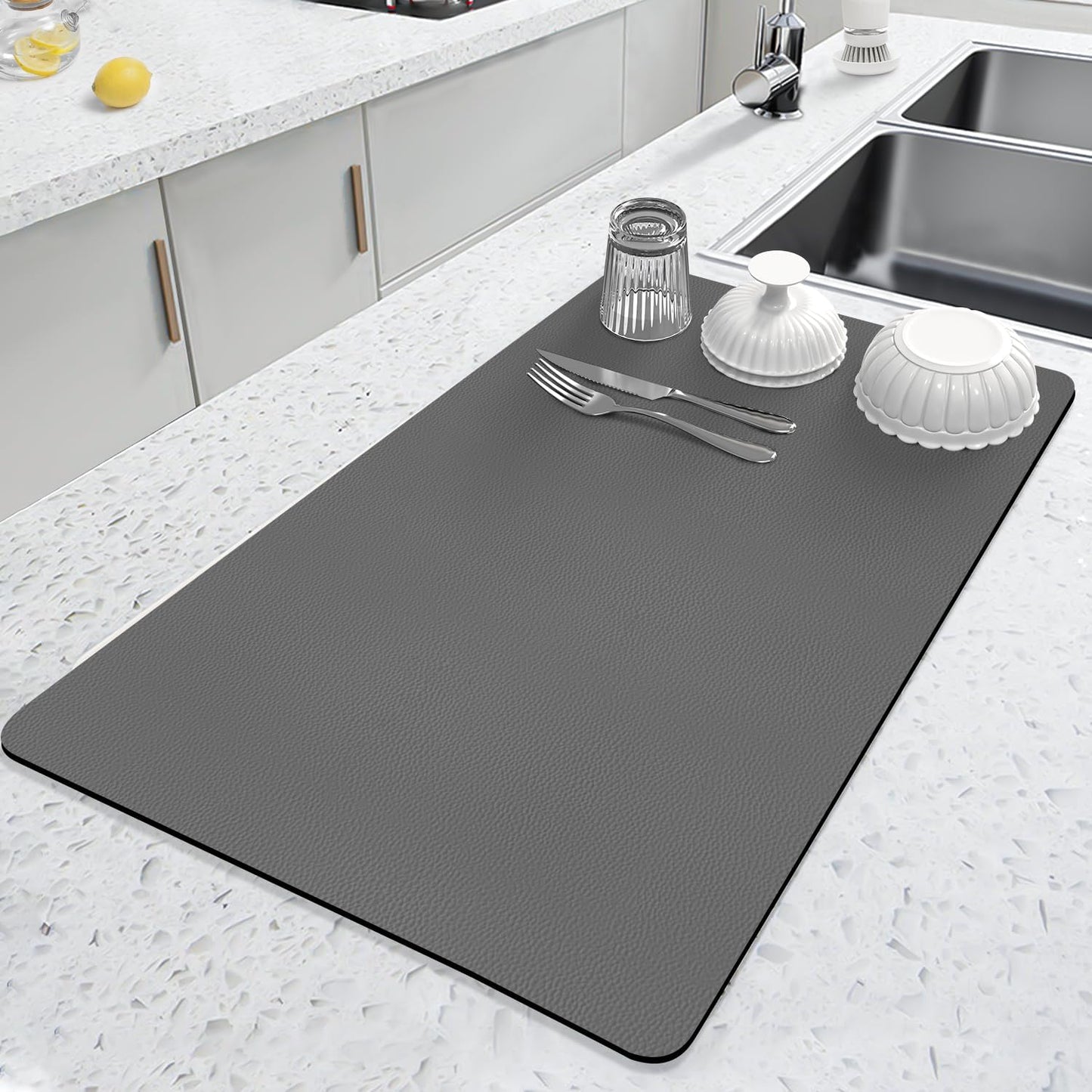 LOPNUR Dish Drying Mat - Super Absorbent Diatomite Kitchen Counter Pad | 24"x16" Grey with Anti-Slip Backing