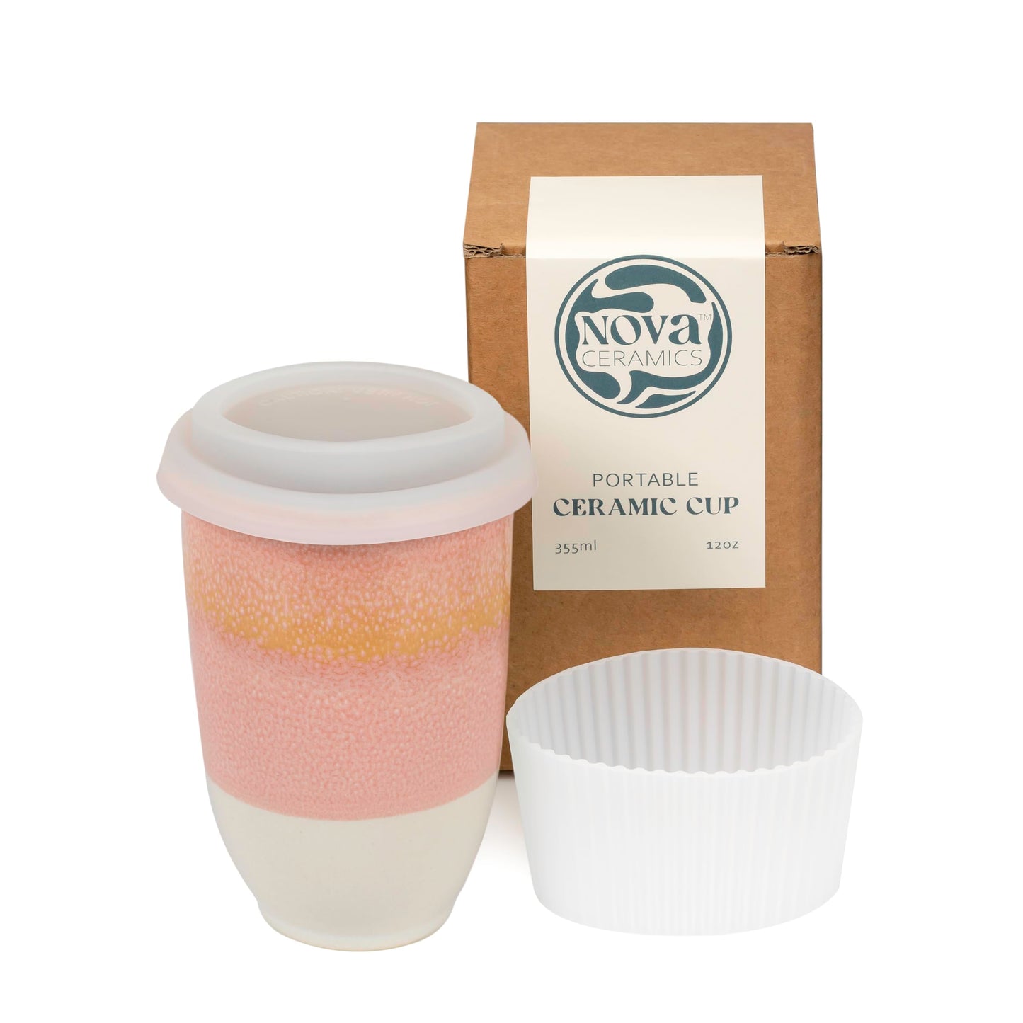 NOVA CERAMICS Travel Mug - Travel Coffee Mug – Iced Coffee Cup Unique to Go Mug – Microwave & Dishwasher Safe Coffee Pink Tumbler - Gifts for Women Men Him Her – 12oz – Afterglow