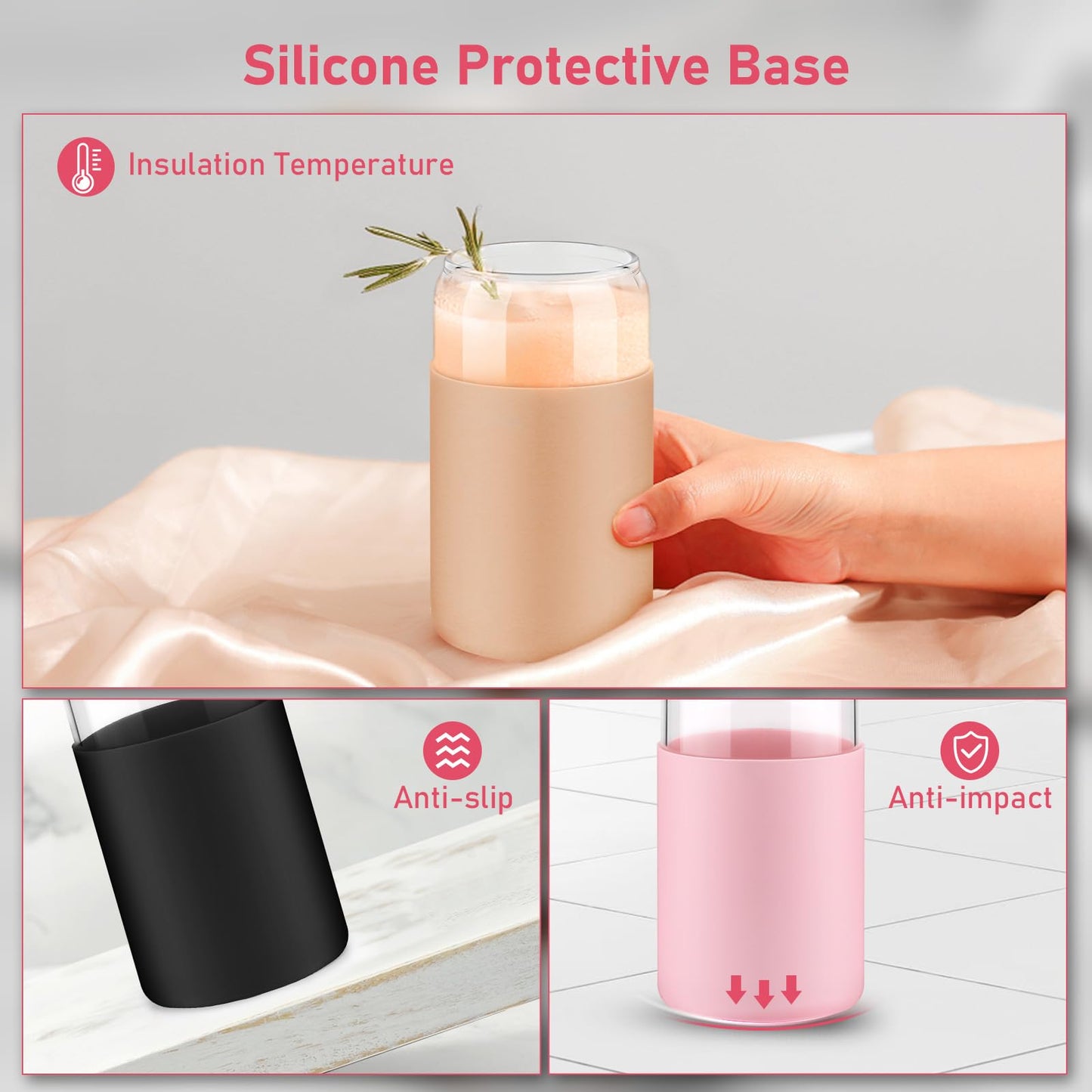 sungwoo Glass Cups with Lids and Straws, 4 Pack 16OZ Iced Coffee Cups with Silicone Sleeve, Glass Tumbler with Straw and Bamboo Lid, Home Essential Drinking Set for Juice, Cocktail and Latte 4 Colours