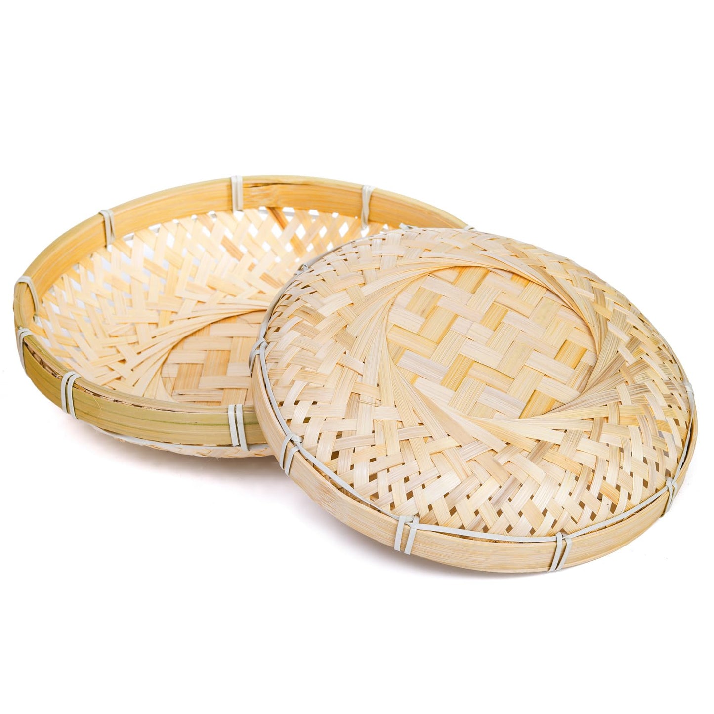 Hiceeden 3 Pack Round Bamboo Serving Trays, Decorative Wicker Basket Tray for Food, Natural Woven Shallow Tray for Fruit, Vegetables, Bread