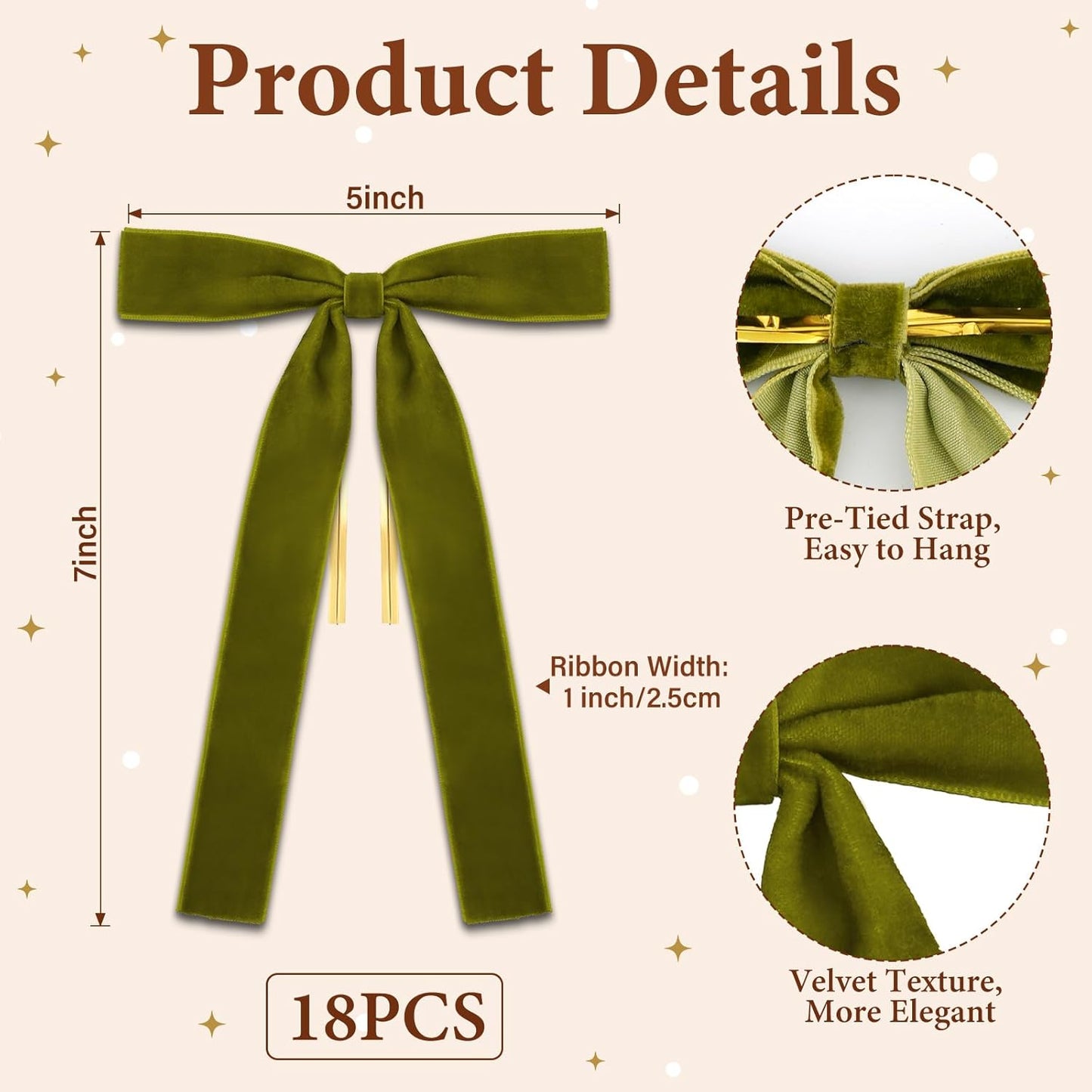 Skiennix 18Pcs Olive Green Velvet Bows - Elegant Christmas Tree Decorations | 5x7", 1" Wide