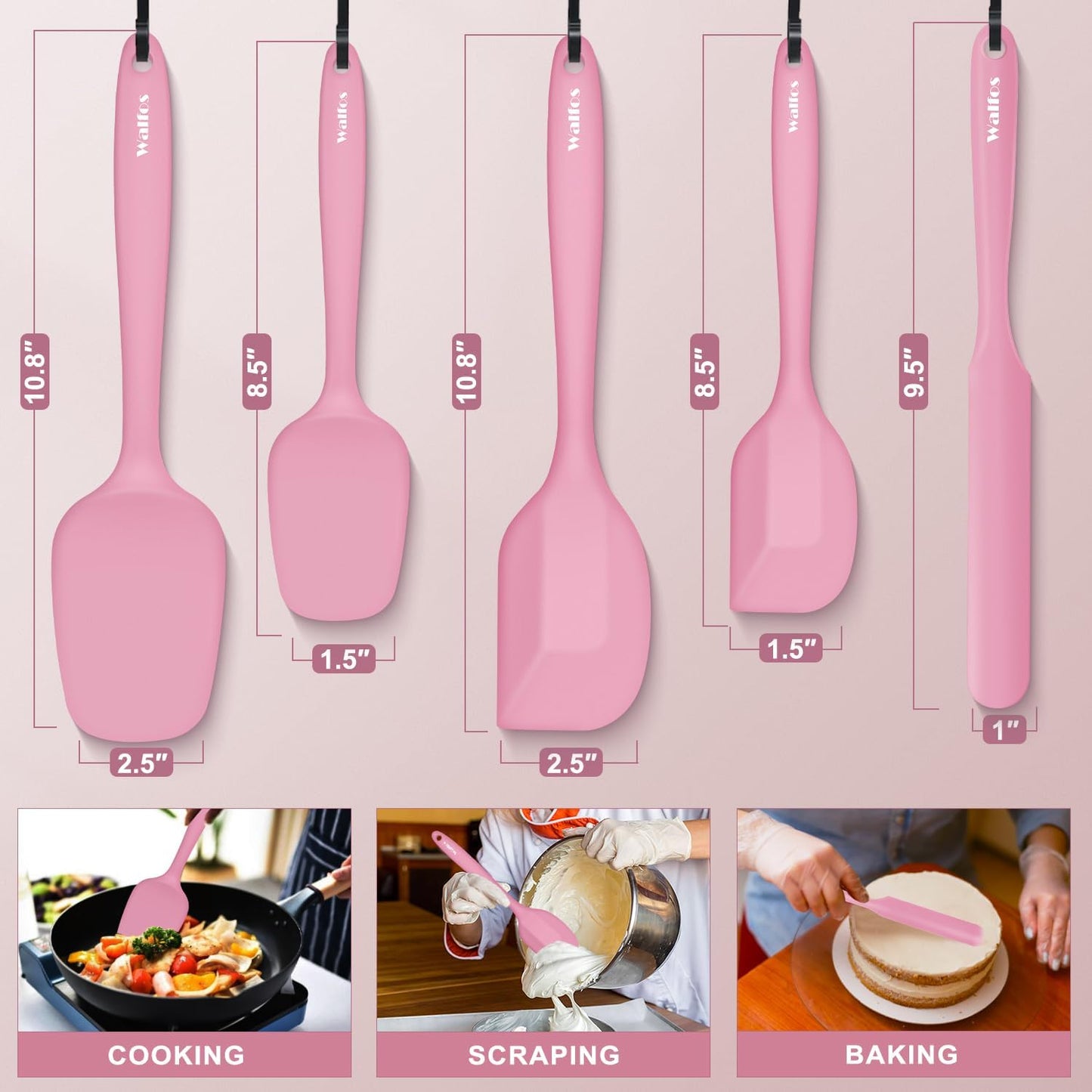 Walfos Silicone Spatula Set - High Heat Resistant Kitchen Scrapers (600°F) | BPA Free & Dishwasher Safe - Pink