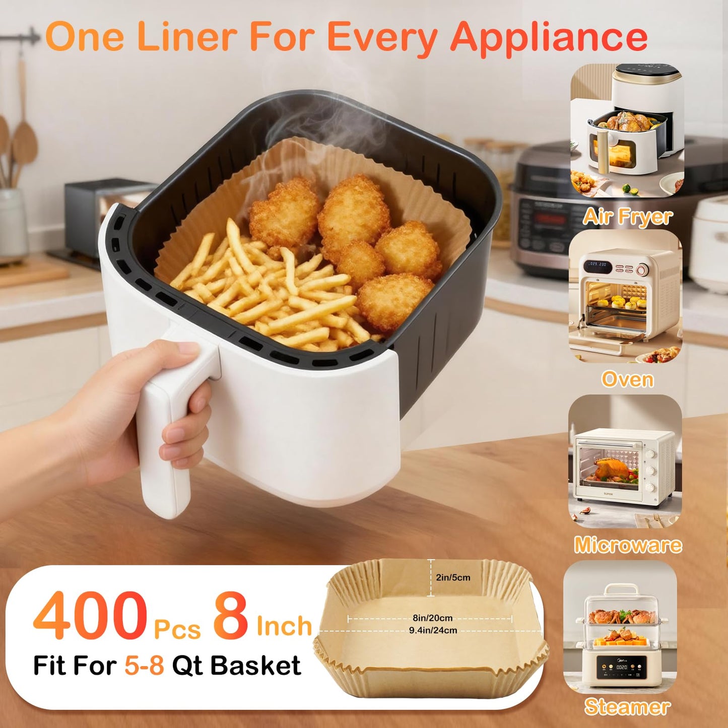 400 Pcs Air Fryer Liners Disposable, 8” Square Unbleached Heavy Duty Air Fryer Paper Liners, Parchment Paper for 5-8 qt Airfryer Basket, Non-Stick & Non-Leak Airfryer Liners for Deep Fryer Accessories