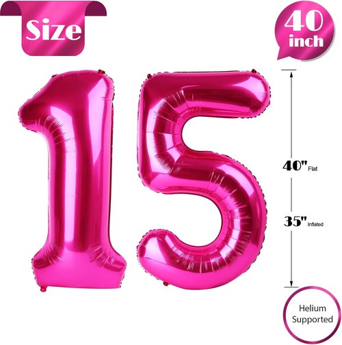 Hot Pink Number 15 Balloons - 40 Inch Birthday Decorations for Girls' 15th Birthday Party