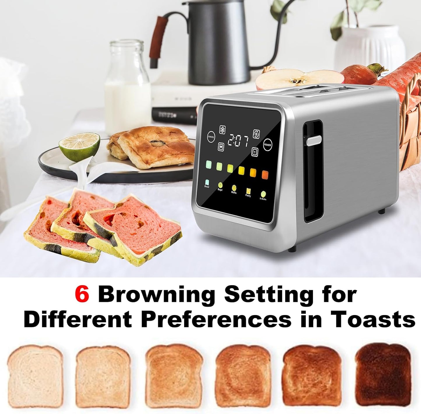 Skiennix Touch Screen Toaster - 2 Slice Stainless Steel with LCD Display & Extra Wide Slots