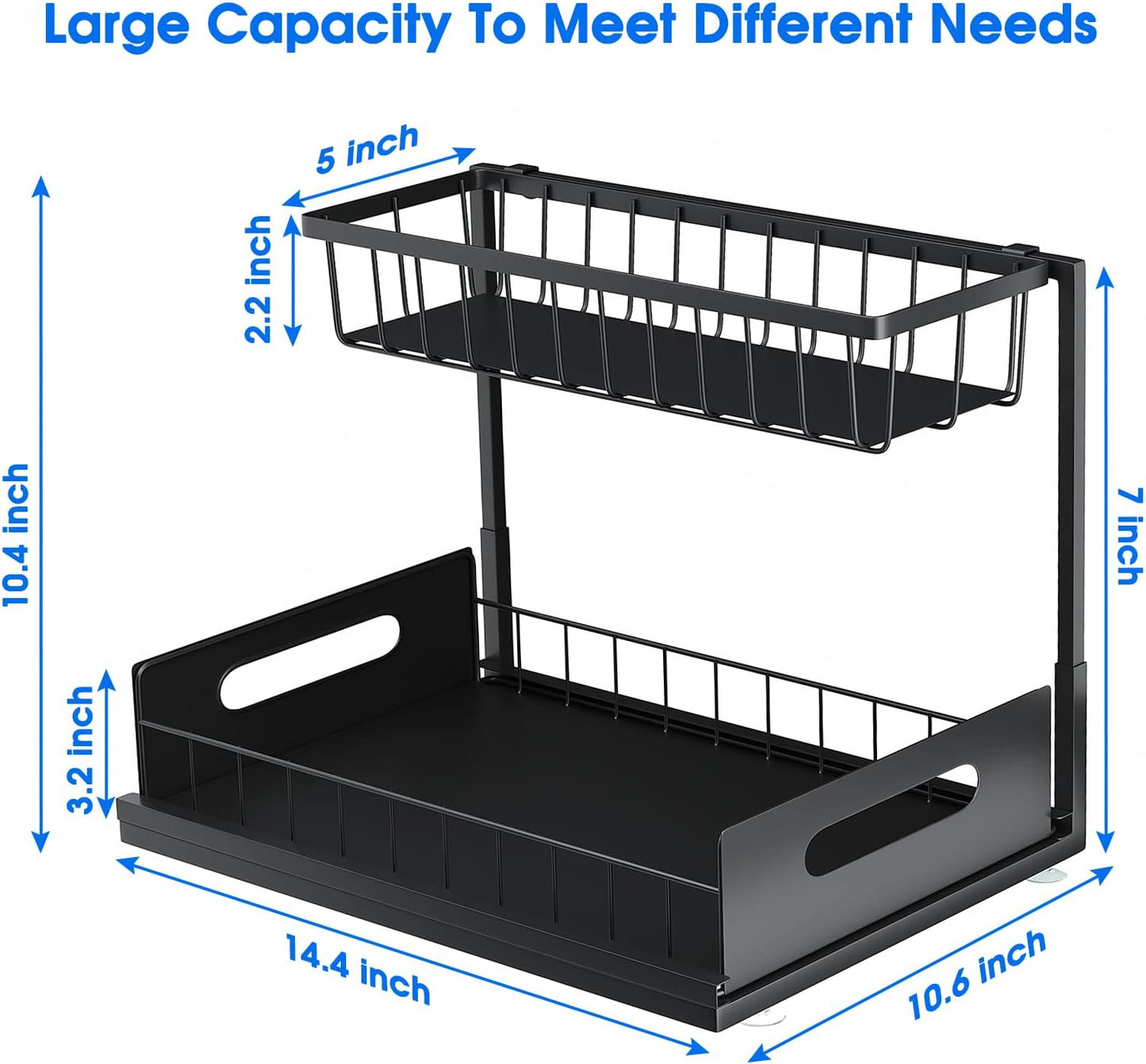 Under Sink Organizer - Skiennix 2-Tier Pull-Out Cabinet Storage Shelf | Rust-Resistant Metal, Easy No-Tools Installation, Black
