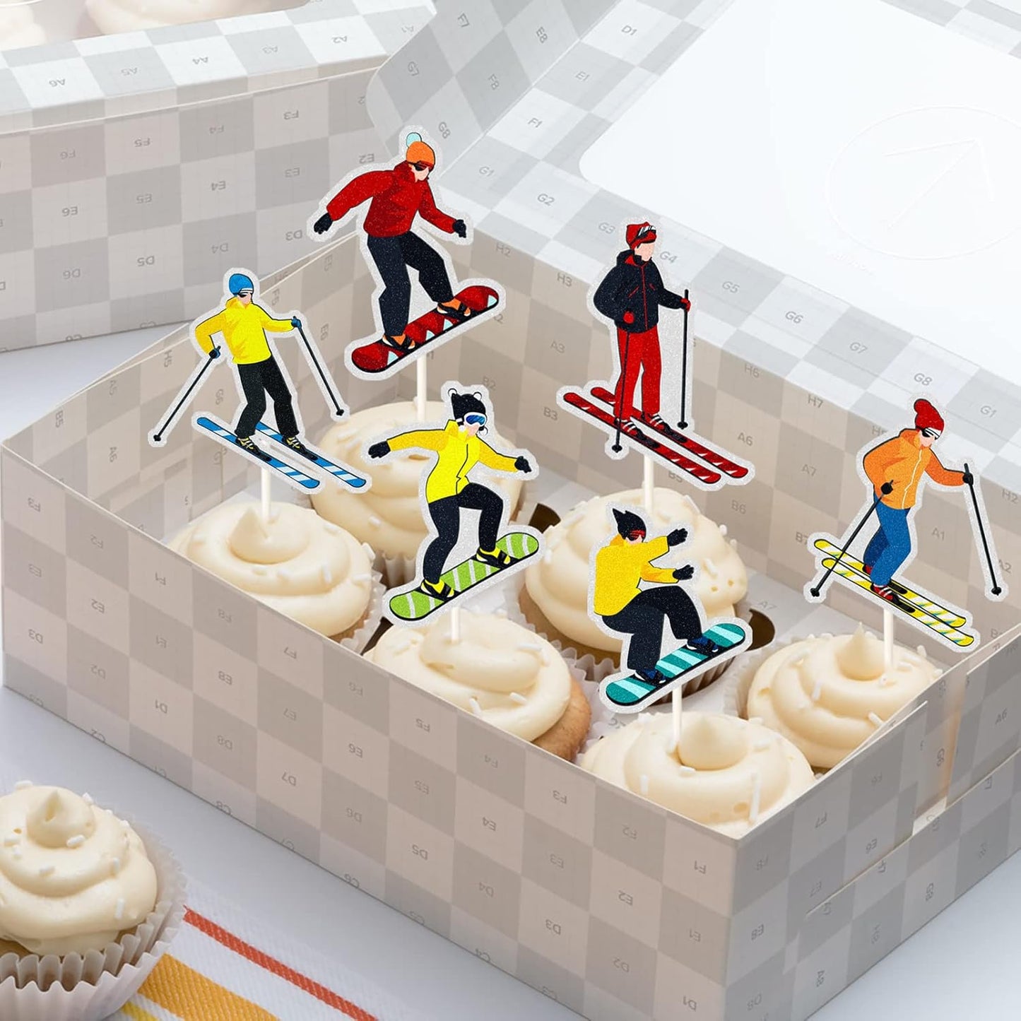 Skiennix Ski Theme Cupcake Toppers - Rainbow Glitter Decorations for Birthday Parties | 18 PCS
