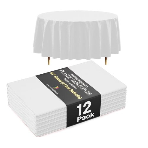 Exquisite 66% Thicker Premium White Round Tablecloth 0.5 Mil 12 Pack Plastic Table Cloth Disposable 84 Inch Round Plastic Tablecloth Won't Tear Easily Like Cheap Thin Brands