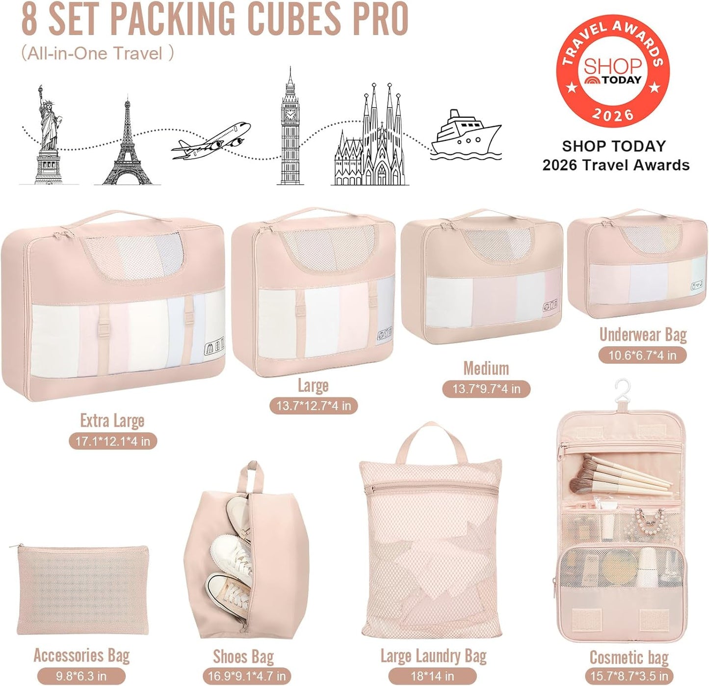 Veken Packing Cubes Set - Travel Organizer Bags for Beach Vacations | Includes Hanging Toiletry Bag