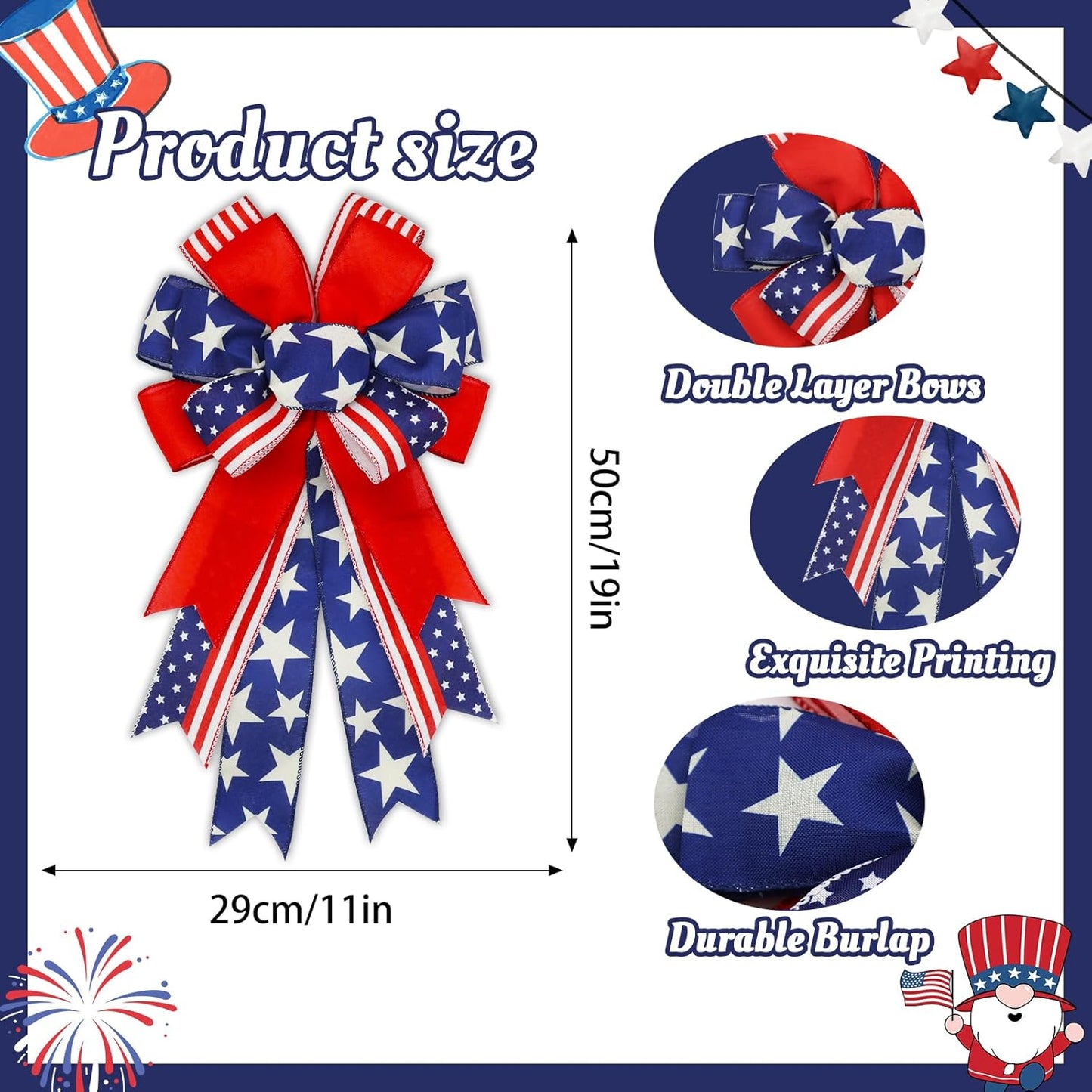 Patriotic 4th of July Bows by [Brand Name] - Pre-Tied Wired Ribbon Bows, 20x11 Inch, 2 Pack for Outdoor Decor