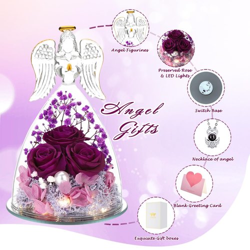 ANWEAO Mothers Day Mom Gifts for Her, Glass Angel Figurine with Three Roses Gifts,Preserved Forever Real Rose Gifts for Women, Angel Guardian with Rose Flower Gifts, Birthday Gifts for Women