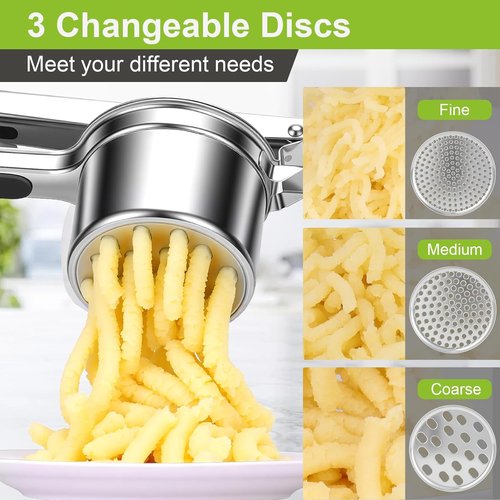 **Skiennix Potato Ricer - Heavy Duty Stainless Steel Masher with Ergonomic Handle & 3 Discs**