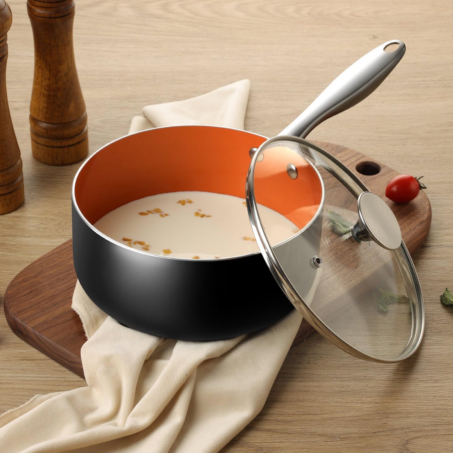 Michelangelo 1 Quart Nonstick Ceramic Saucepan with Lid - Ultra Durable Copper Finish