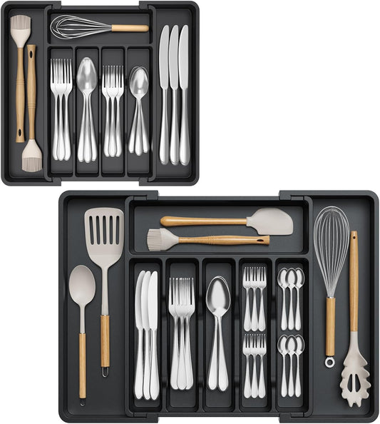 Lifewit Drawer Organizer Set - Expandable Plastic Storage for Silverware & Cooking Utensils | BPA-Free, Black