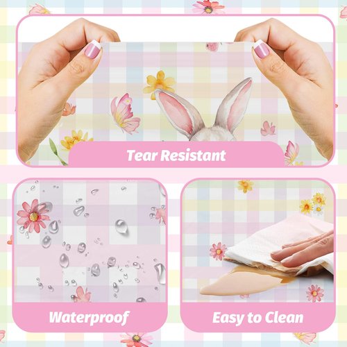 3 Pcs Easter Plastic Tablecloths, 108x54 inch Large Happy Easter Buuny Disposable Table Covers, Spring Flowers Rabbit Coloful Eggs Check Birthday Baby Shower Party Table Decorations Photo Booth Props