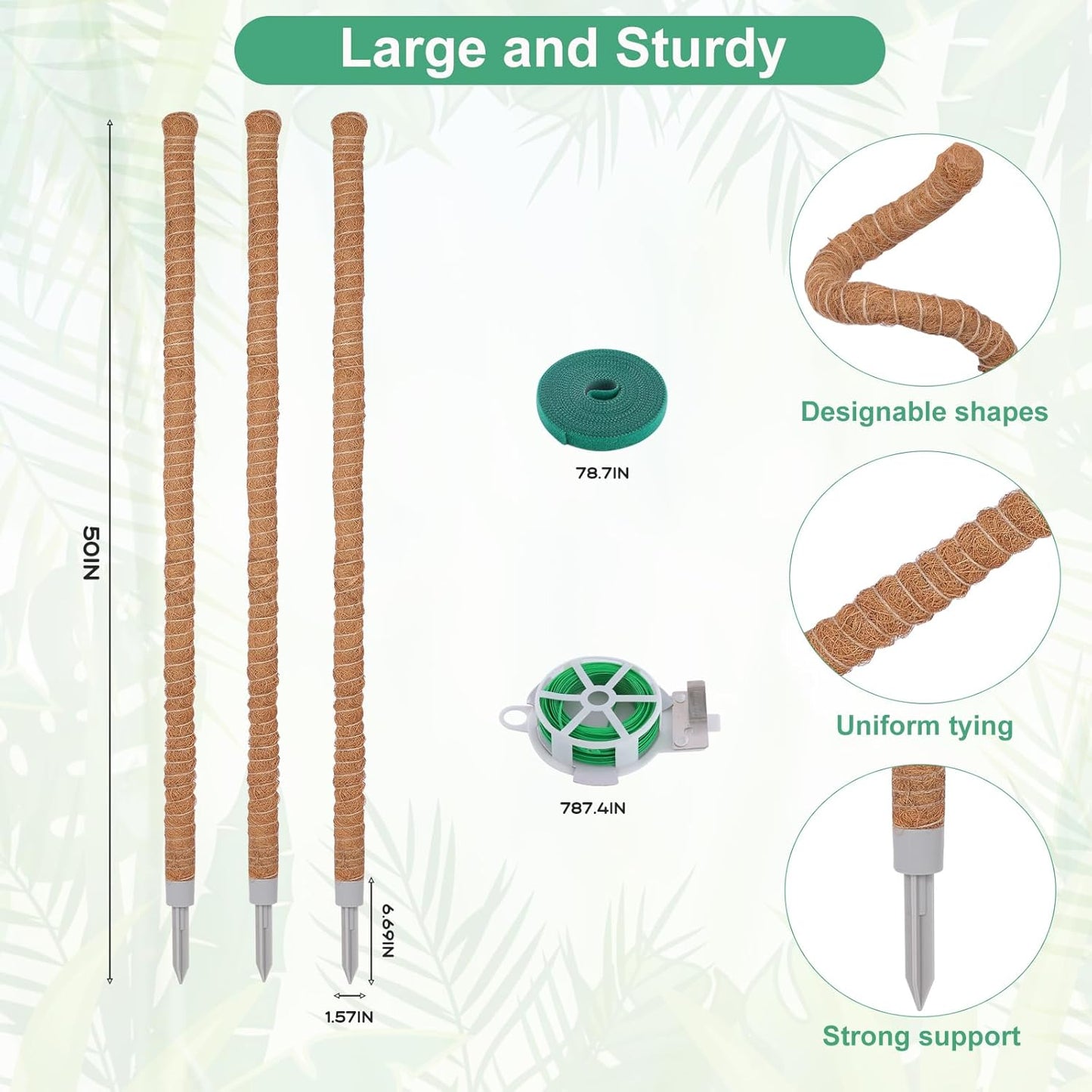 Moss Pole 3-Pack by [Brand Name] - 50 Inch Tall Support for Monstera & Climbing Plants | Coco Coir Stake Kit