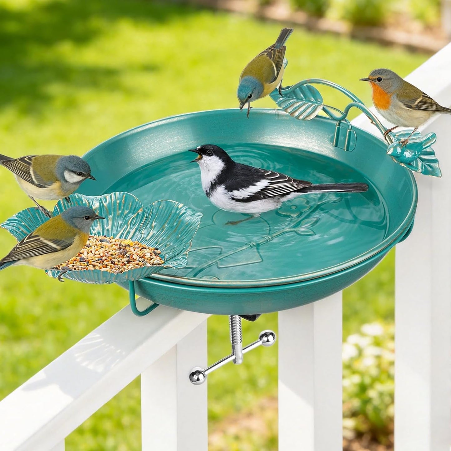 Mellbree Bird Bath - Deck Mounted 12" Metal Birdbath with Perch & Feeder Bowl | Lake Blue & Gold Gilding