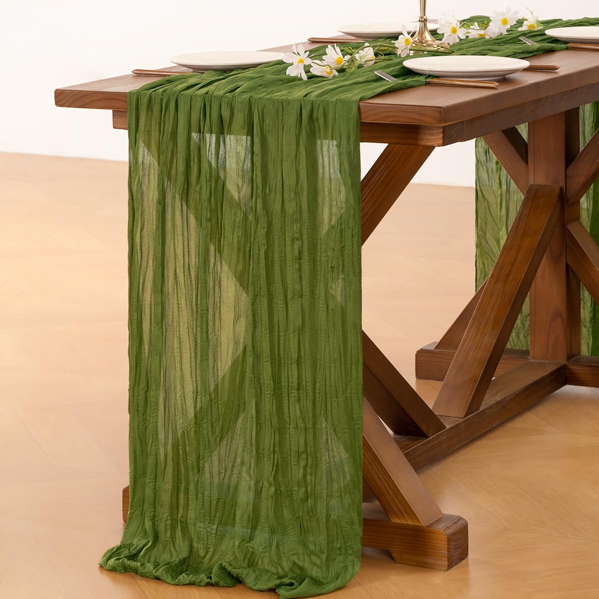 Socomi 6pcs Campsite Green Summer Cheesecloth Table Runner Boho Rustic Gauze 120 inch 10FT Cheese Cloth Sheer Runner for Wedding Party Baby Shower Birthday Home Decor Holiday Decorations