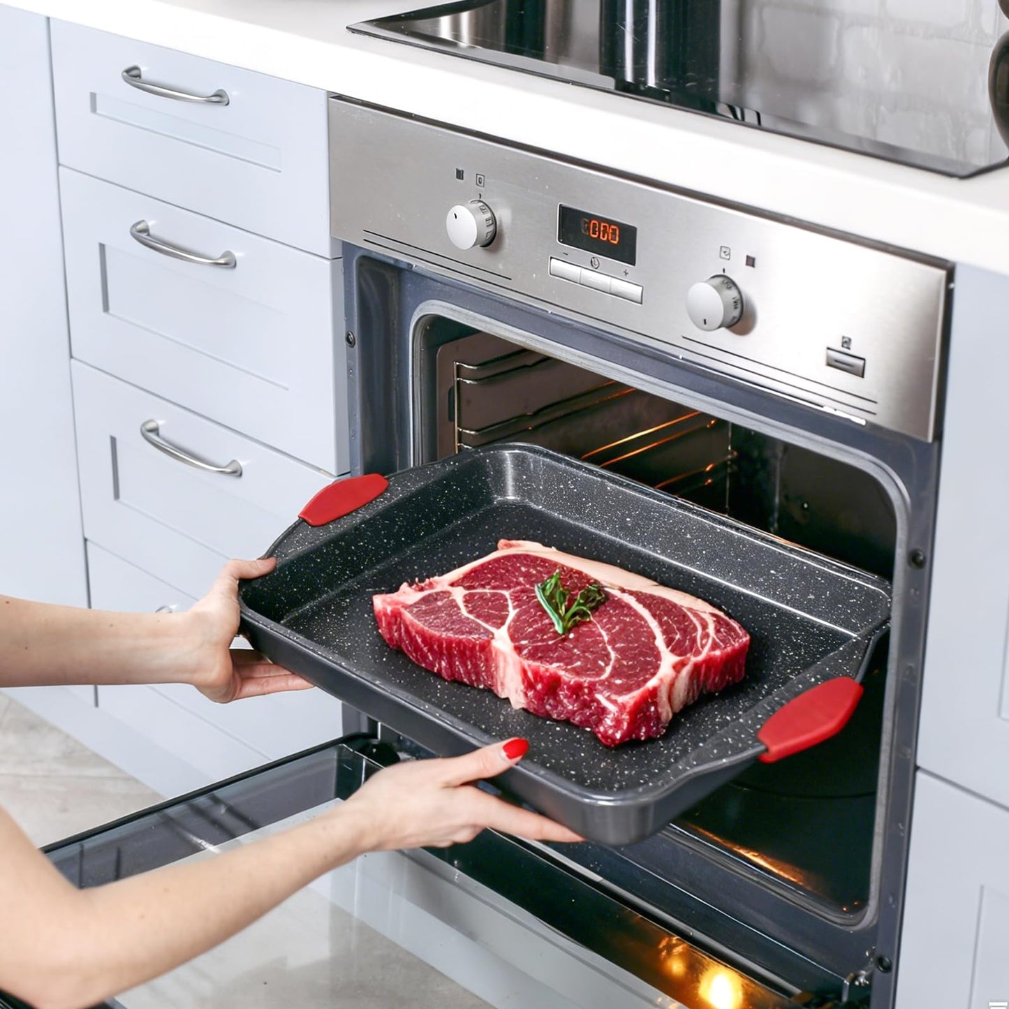 Anveena 3-Piece Nonstick Kitchen Oven Baking Pans - Premium & Stylish Non-Stick Steel, Commercial Grade Restaurant Quality Metal Bakeware with Red Silicone Handles - Easy to Clean black