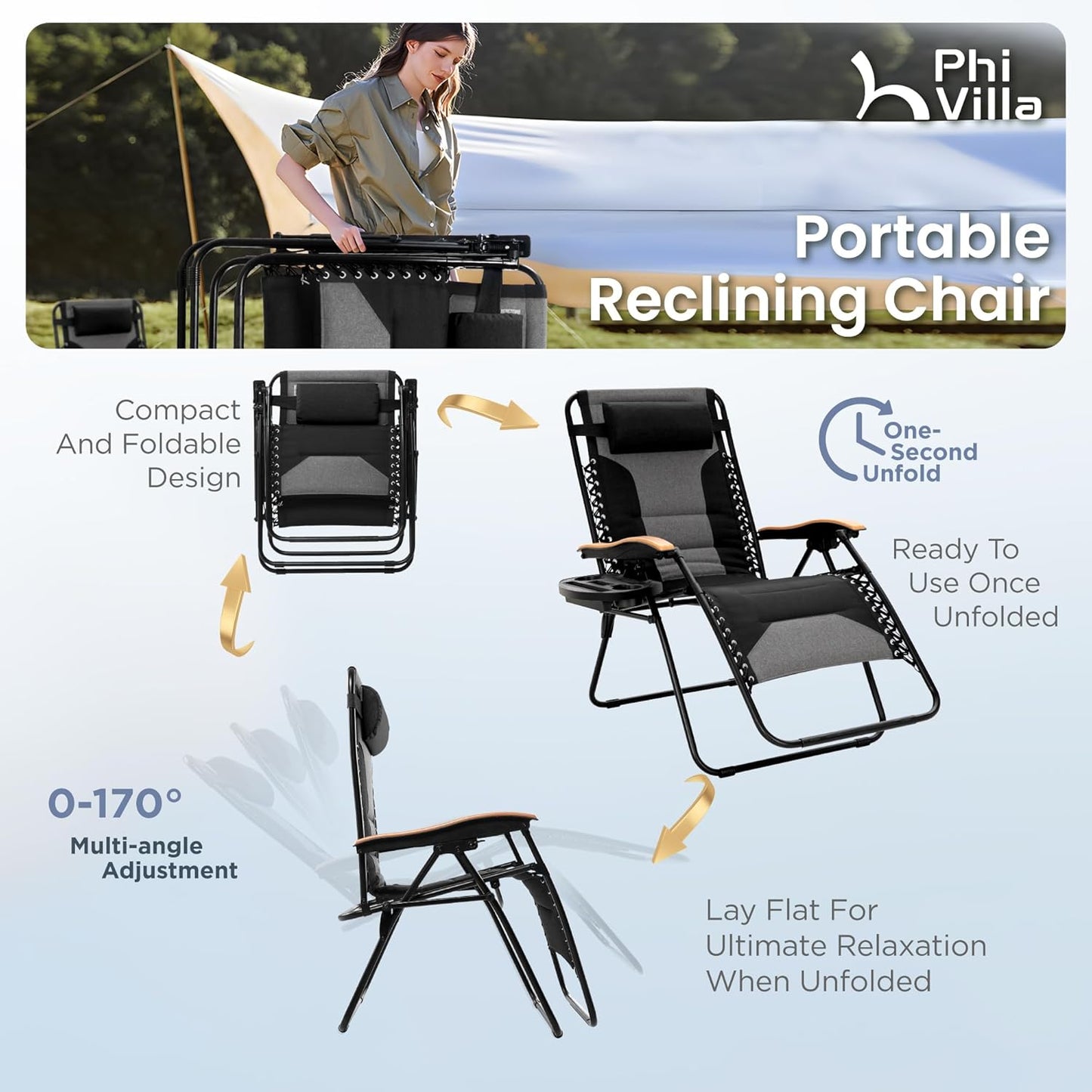 PHI VILLA XXL Oversized Padded Zero Gravity Chair - Foldable Patio Recliner with Cup Holder | Supports 400 LBS (Black)